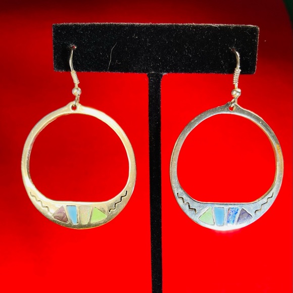 Unique Large Native American Sterling Circle Earrings w/inlaid Stone Veneers - Picture 4 of 5